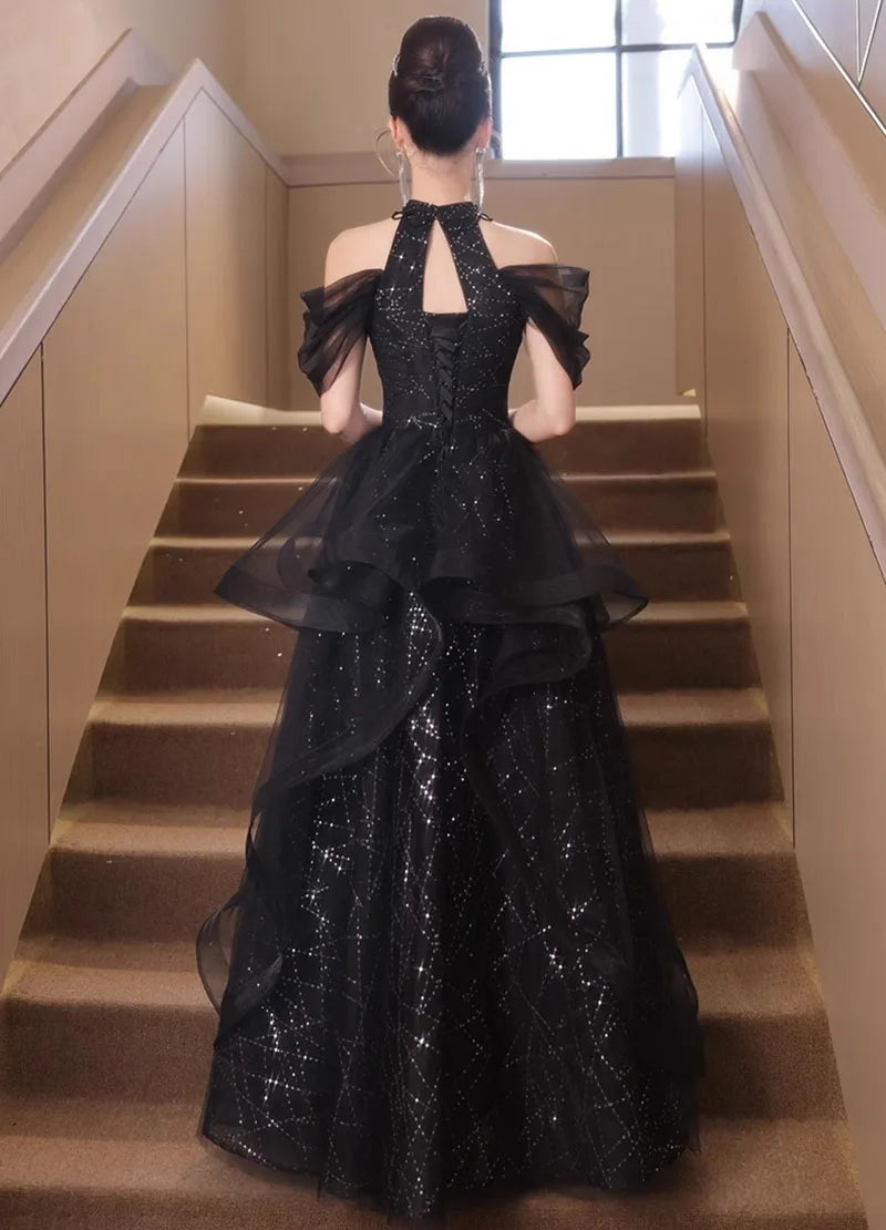 Evening Dresses Luxury 2026 Black Halter Evening Dress Corset Bodice Sequin Tulle Puffy Gown For Gala & Quinceanera