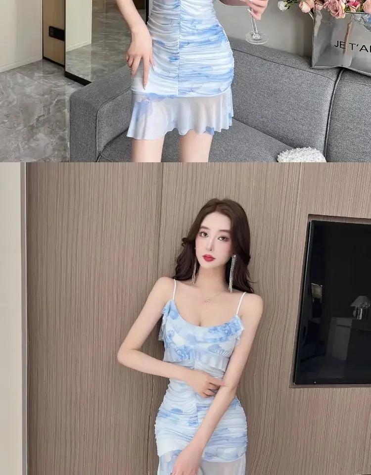 Summer French Pure Sexy Mesh Printed Suspender Dress Waist Pleated Bag