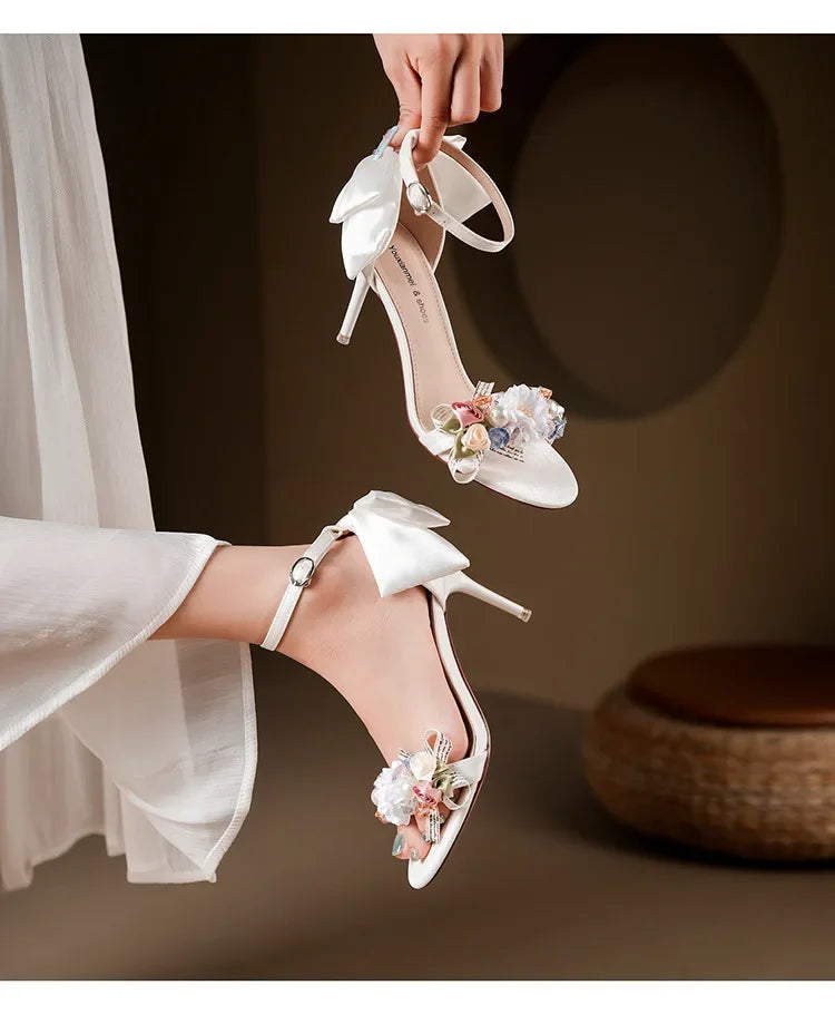 Summer Fashion Shoes Woman Pumps Open Toe Satin Flower Bow Buckle High Heels Ladies Sandals Women's Dress Wedding Party Shoes