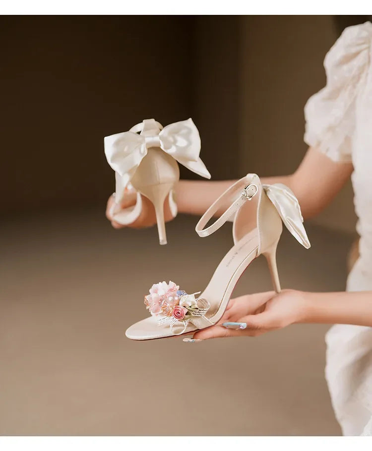 Summer Fashion Shoes Woman Pumps Open Toe Satin Flower Bow Buckle High Heels Ladies Sandals Women's Dress Wedding Party Shoes