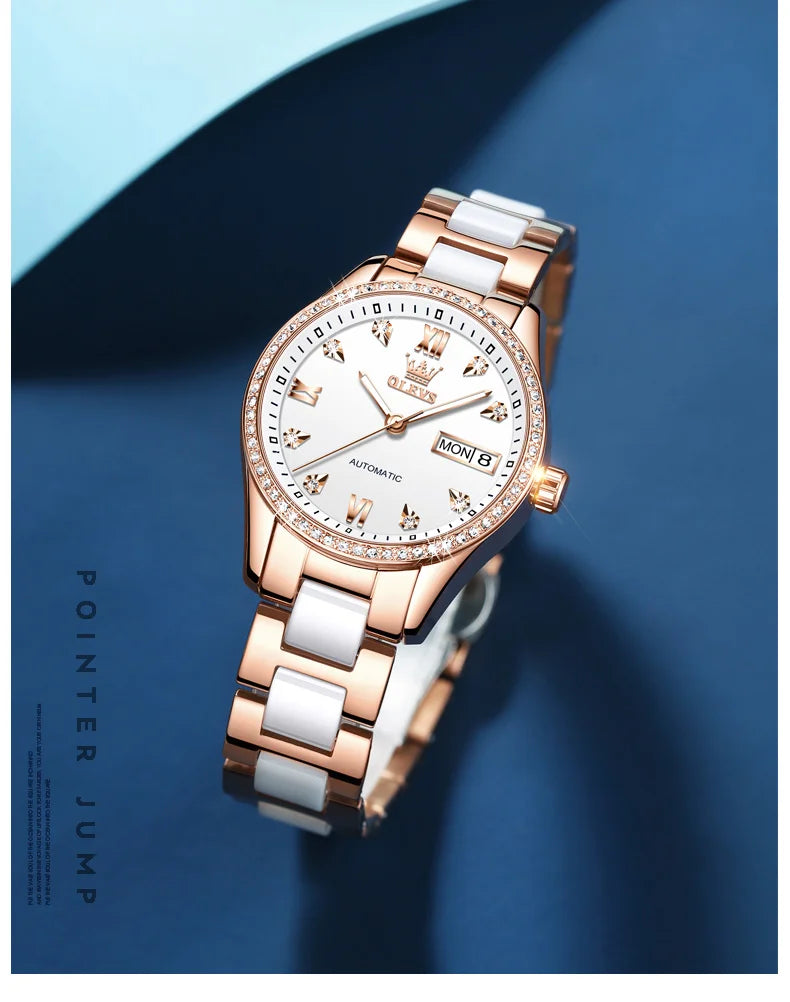 OLEVS Fashion Women Mechanical Watches Luxury Diamond Ceramic Strap Waterproof Luminous Week Calendar Automatic Watch For Women