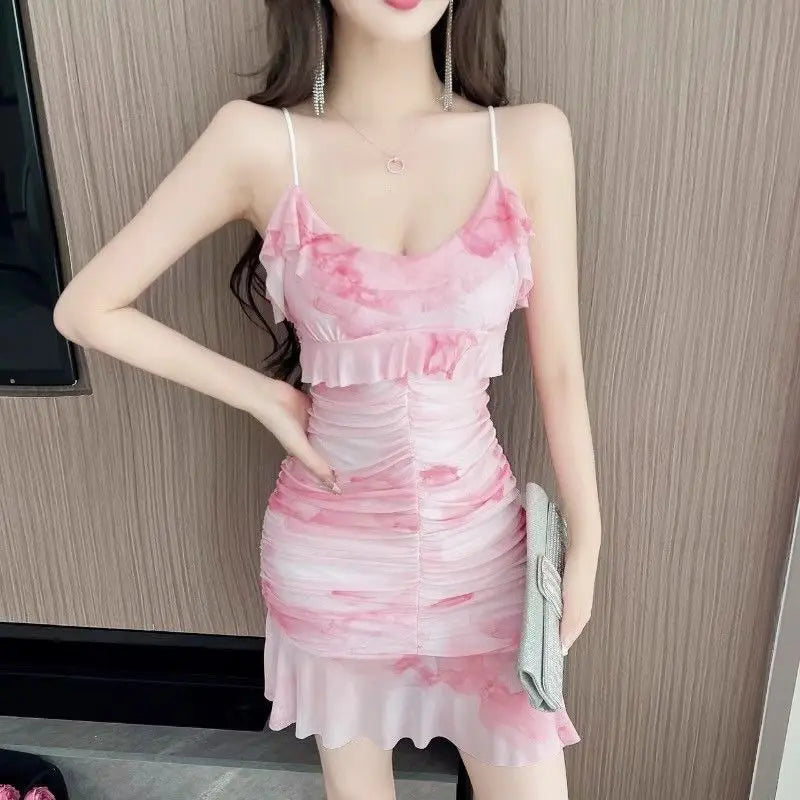 Summer French Pure Sexy Mesh Printed Suspender Dress Waist Pleated Bag