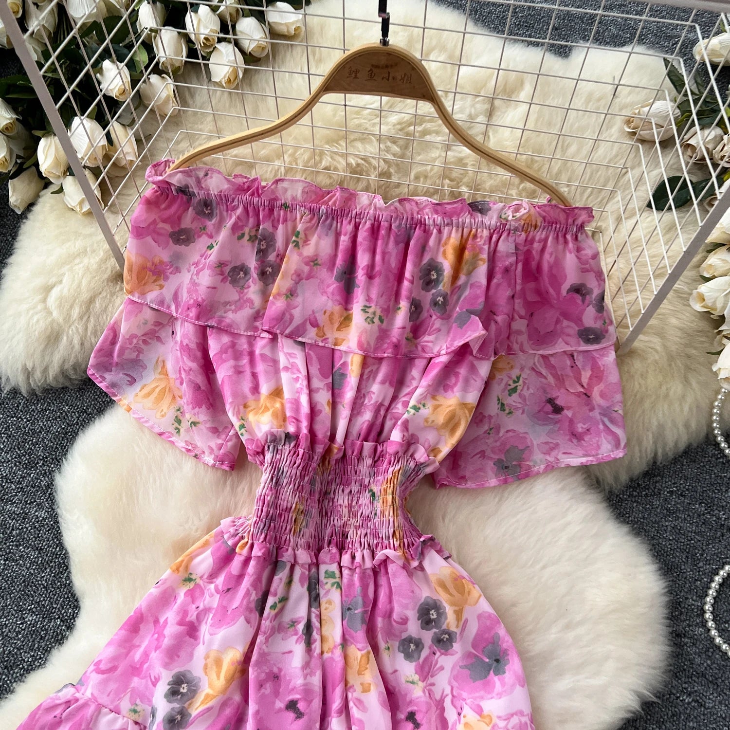 French Vintage Off Shoulder Short Sleeve Ruffle Tiered Long Dresses Chic Casual Beach Vacation Women Summer Chiffon Clothing