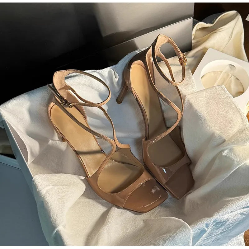 Fashion Patent Leather Peep toe Women Gladiator Sandals Sexy Narrow band Ankle Strap Gold Stiletto High heels Summer Party Shoes