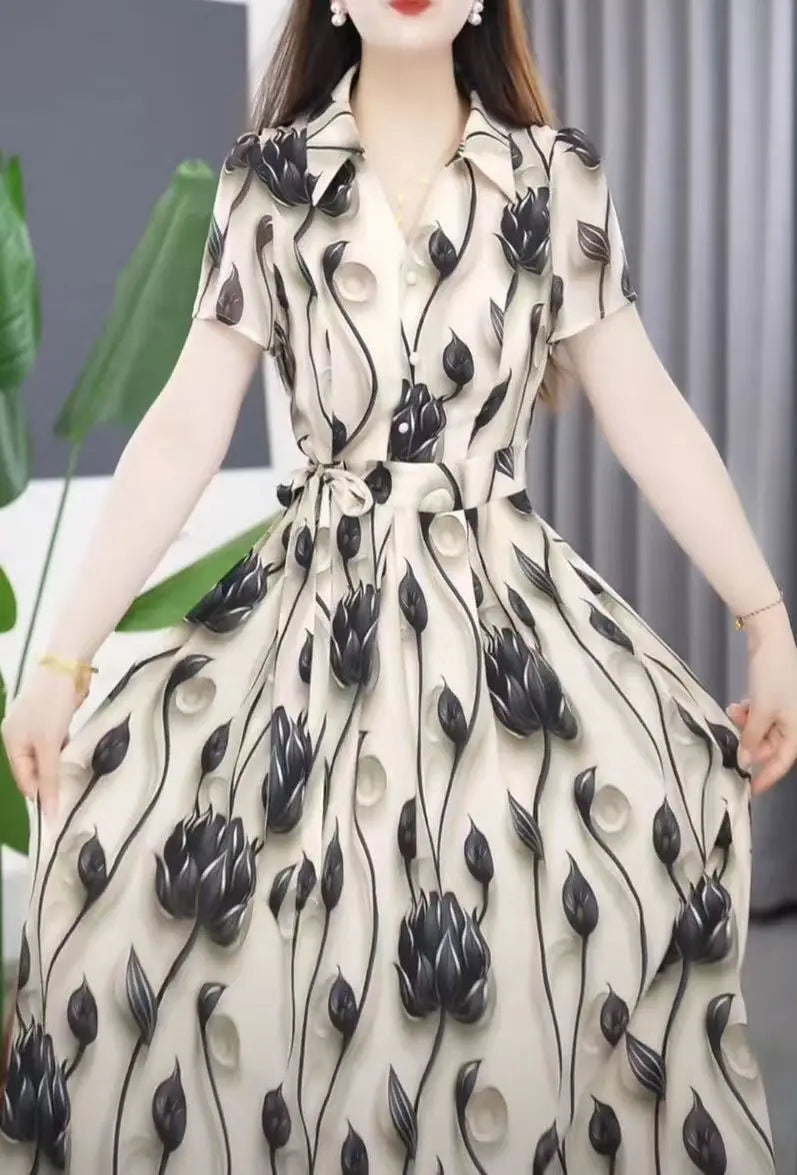 Women's Exquisite Printed Short Sleeved Dress 2024 Summer New Elegant And Beautiful Medium-length Shirt Skirt Mother's Outfit