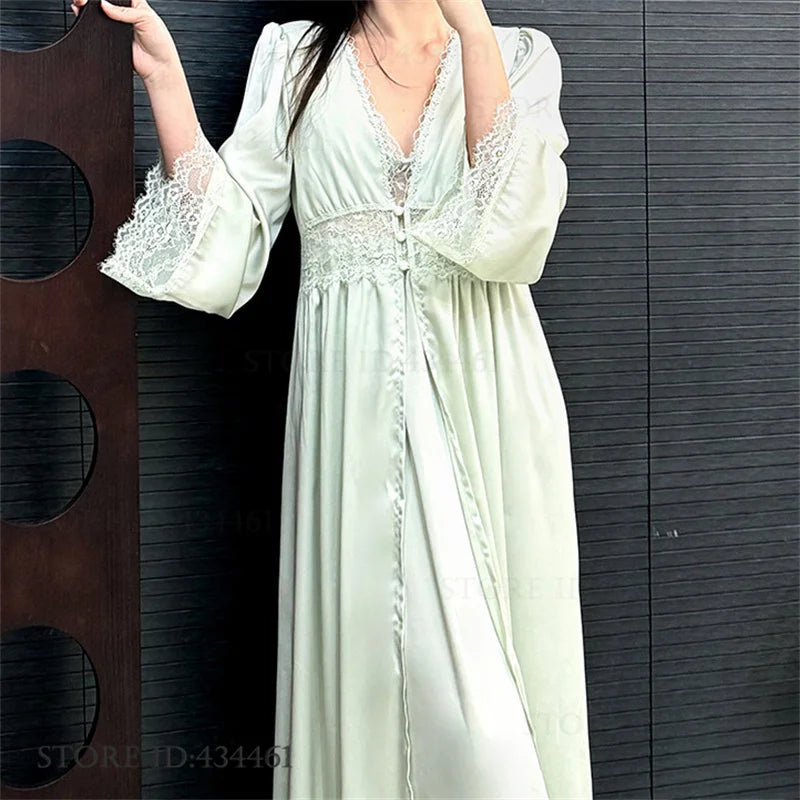 Burgundy Satin Long 2PCS Robe Nightgown Set Spring Summer Women Sleepwear Bathrobe Sexy Lace Nightgown Loose Homewear Loungewear