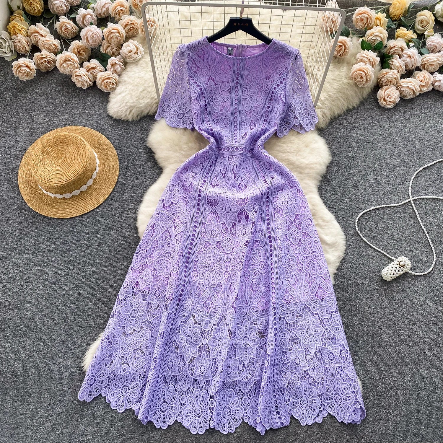 Embroidery Crochet Hollow Out Lace Dress For Women Summer Fashion Runway Short Sleeve Slim Waist Casual Party Midi Vestidos 6931