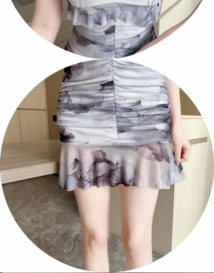 Summer French Pure Sexy Mesh Printed Suspender Dress Waist Pleated Bag