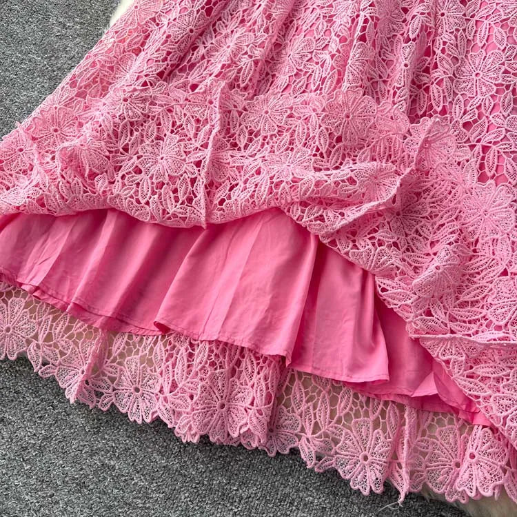 Luxury Pink Lace Midi dress with belt Women's 2025 Summer Elegant V-neck Rhinestone buttons Dresses Party clothing INKEO 4D094