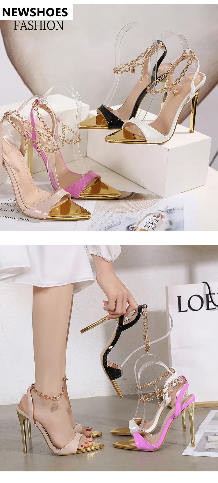 New Summer Sandals Women Fashion Gold Chain Ankle Strap Sexy Peep Toe Ladies Metal High Heels Sandals Woman Party Shoes Pumps