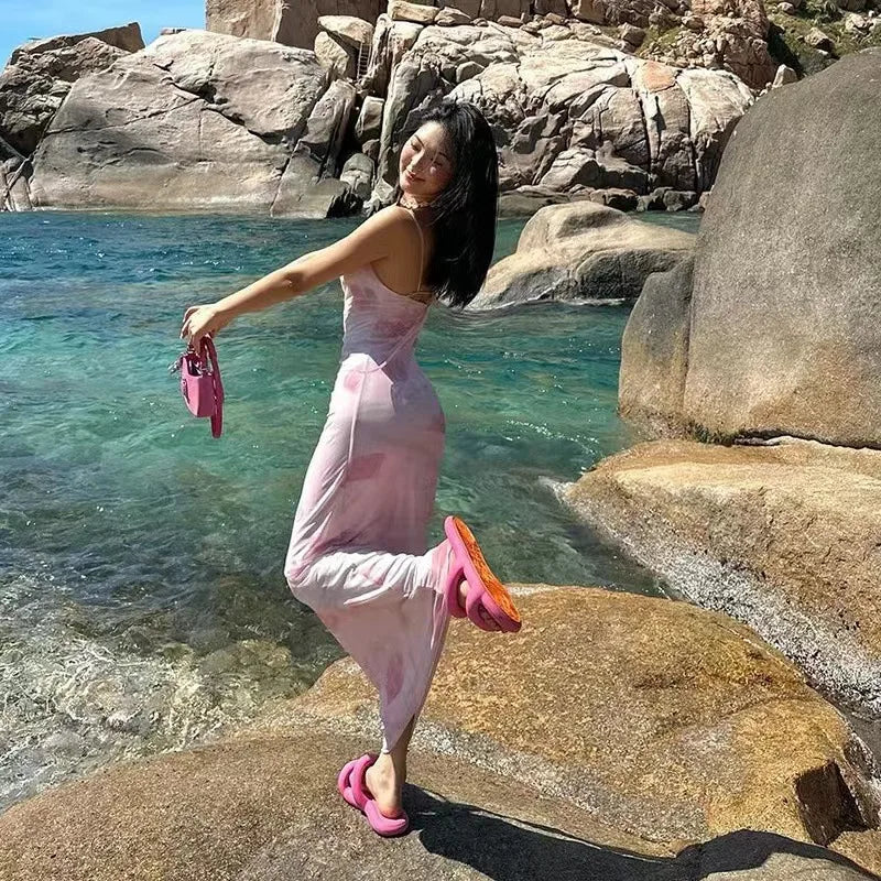 European and American Women's Fashion New Sweet and Spicy Style Off-Shoulder Mesh Printed Long Camisole Dress