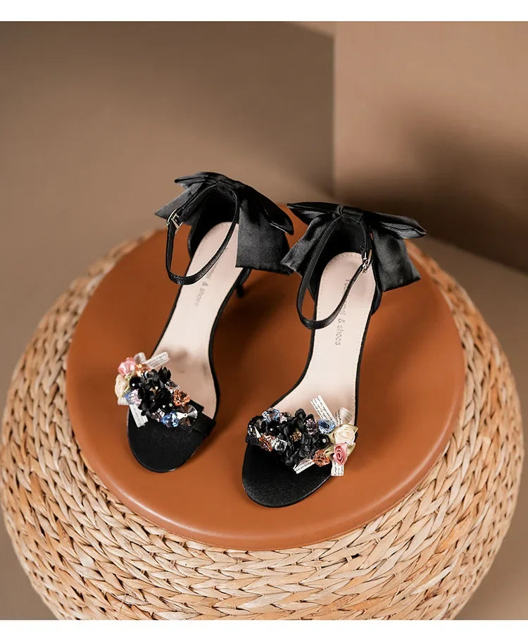 Summer Fashion Shoes Woman Pumps Open Toe Satin Flower Bow Buckle High Heels Ladies Sandals Women's Dress Wedding Party Shoes