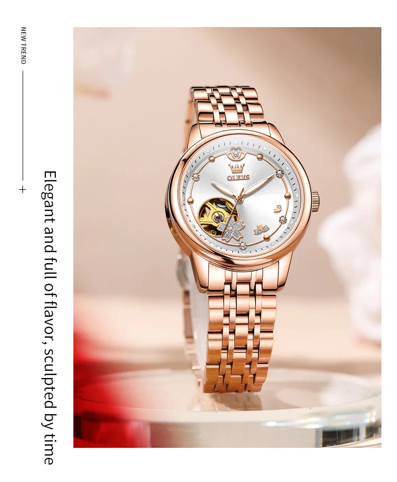 OLEVS Original Rhinestone Flower Design Watch Women's Luxury Rose Gold Watch Wine Red Automatic Mechanical Watch Birthday Gift