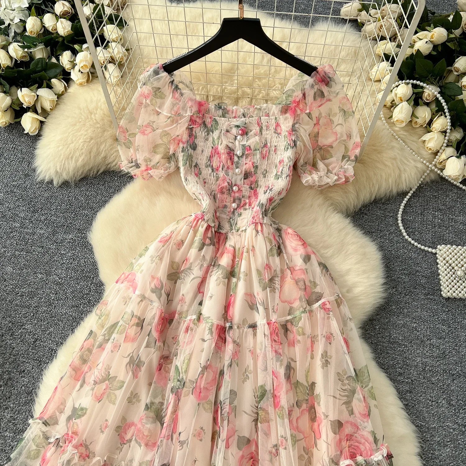 Retro Floral Chiffon Dr Women's Waist Cinched One oulder Bubble Sve Me Skirt Commute Korean Sle High Waist A-Line...