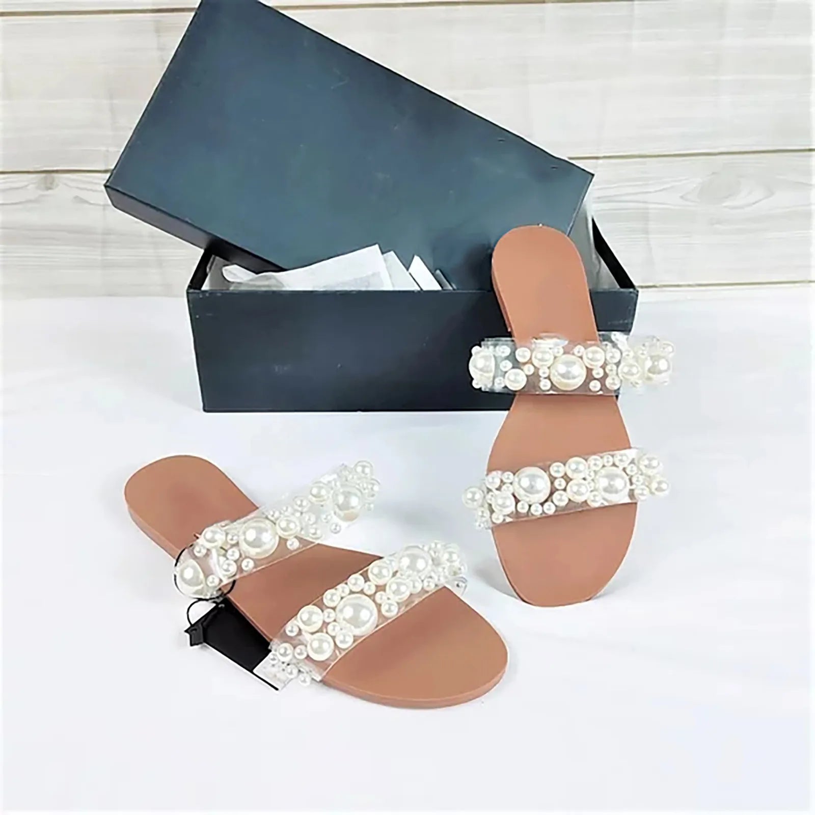 Bohemian Style Women's Pearl Open-Toe Flat Sandals Crystal Flip-Flops Summer New 2025 Transparent Flat Sandals