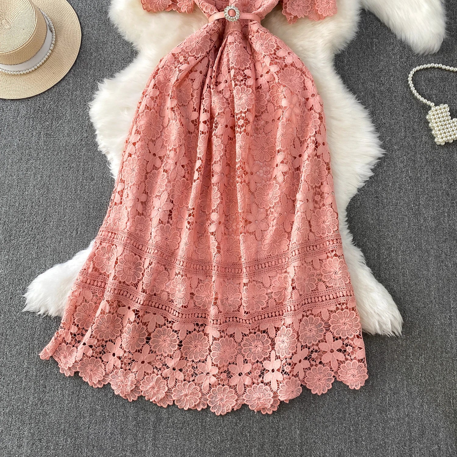 Brand Design Summer Embroidery Lace Long Dress Women Hollow Out Short Sleeve Midi Dresses Lady Belt Prom Evening Party Vestidos