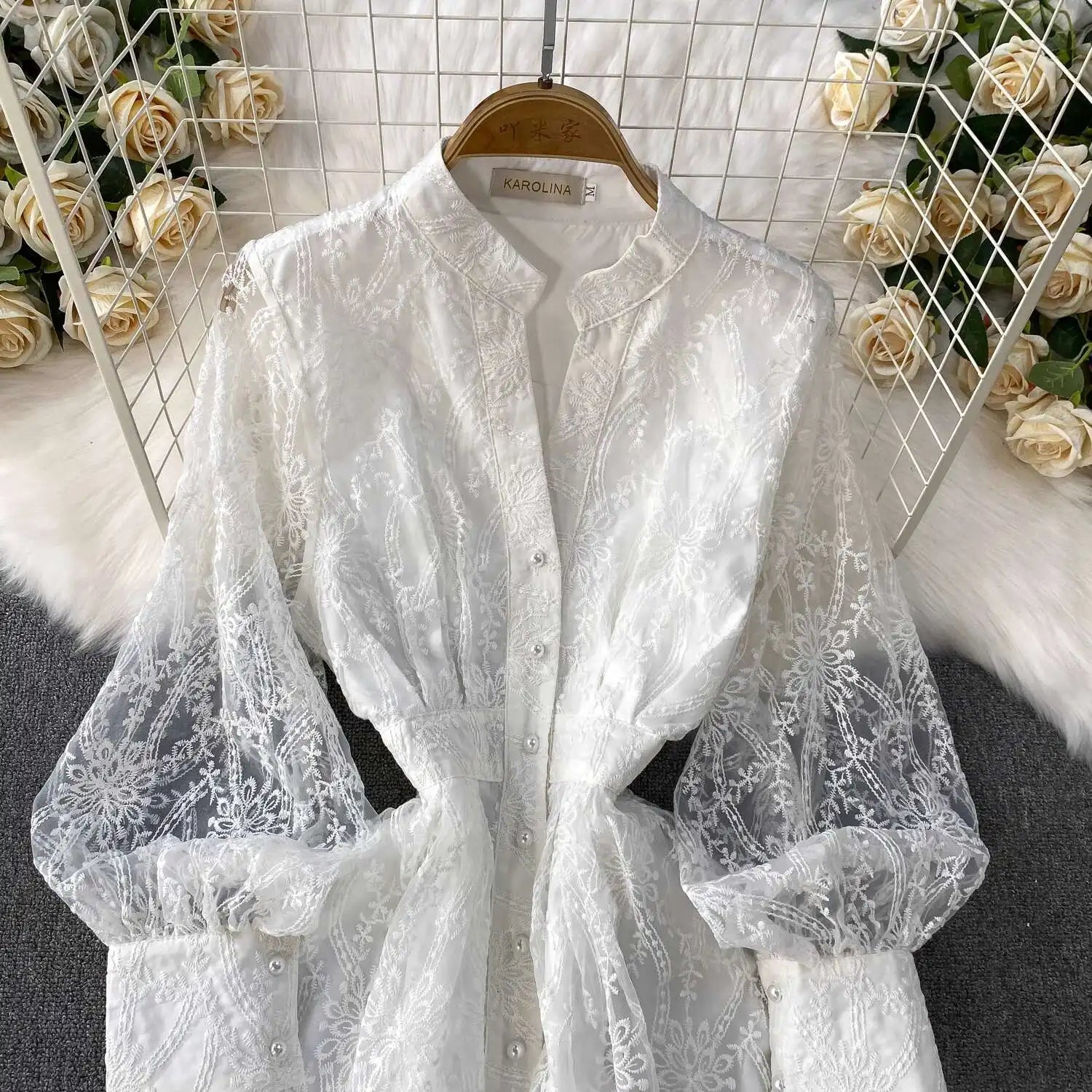 Autumn Embroidery Formal Evening Luxury Dress For Women Long Sleeve Crochet Lace Summer Dresses Single Breasted Party Vestidos