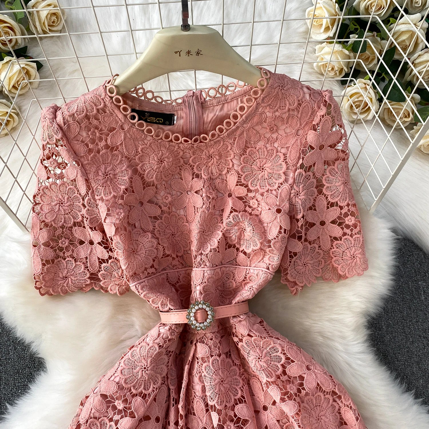 Brand Design Summer Embroidery Lace Long Dress Women Hollow Out Short Sleeve Midi Dresses Lady Belt Prom Evening Party Vestidos