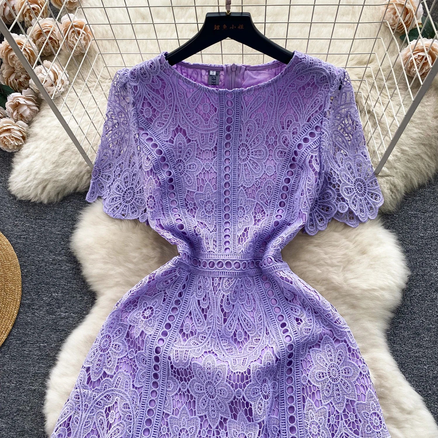Embroidery Crochet Hollow Out Lace Dress For Women Summer Fashion Runway Short Sleeve Slim Waist Casual Party Midi Vestidos 6931