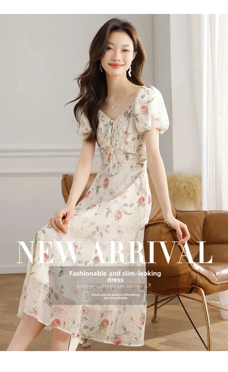 Elegant Summer Dress with Bubble Sleeves And Bellflower Pattern Slimming Empire Waist Knee-Length Polyester Fiber Short Sleeve