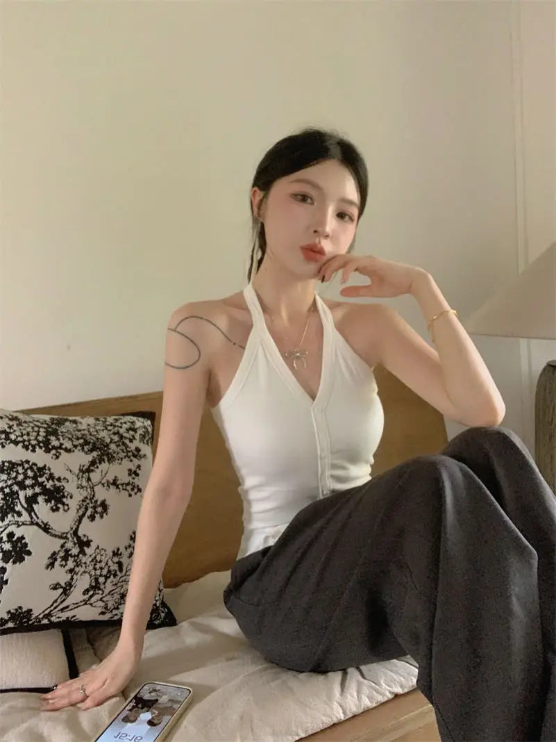 Sexy Spicy Girl Pure Color Design V-Ne Hanging Ne Vest Women's Summer Slim ort Matched with Chest Pad Top