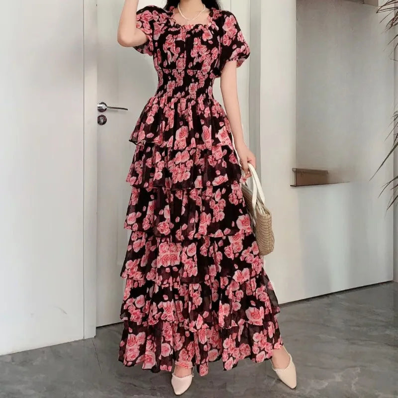 OCEANLOVE Women Dresses Puff Sleeve Print Floral Beach Style Elegant Vestidos Mujer Spring Summer Fashion A-line Long Dress