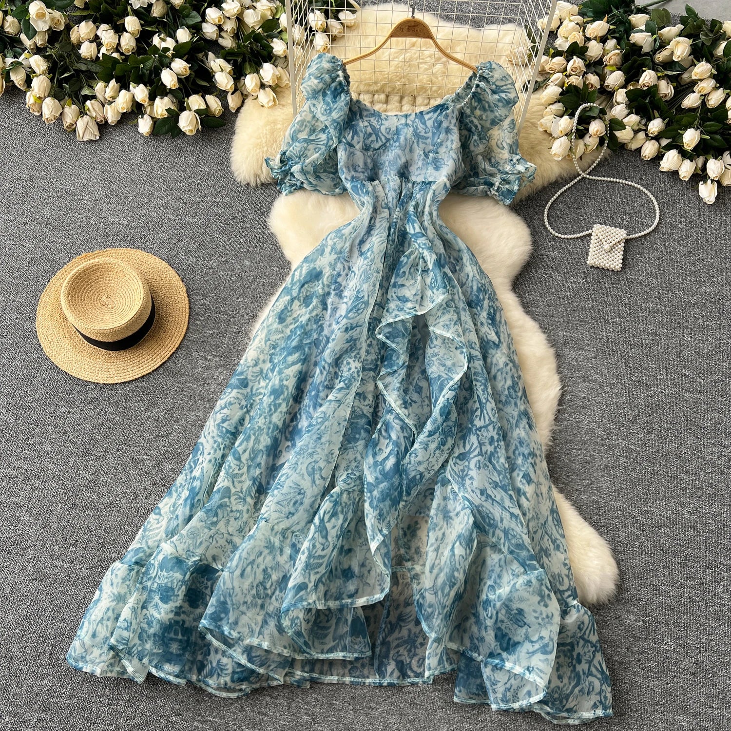 French Vintage Square Collar puff sleeve ruffle Dress A-line Chic Casual Beach Vacation Women Summer sweet dresses