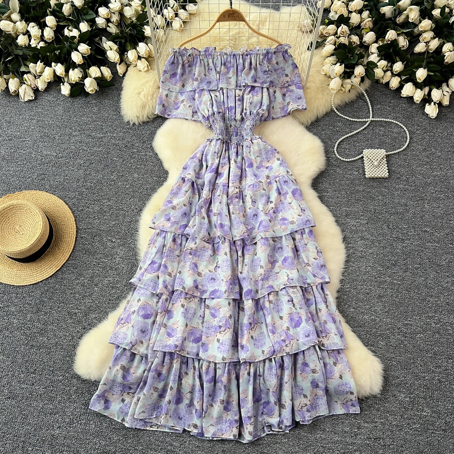 French Vintage Off Shoulder Short Sleeve Ruffle Tiered Long Dresses Chic Casual Beach Vacation Women Summer Chiffon Clothing