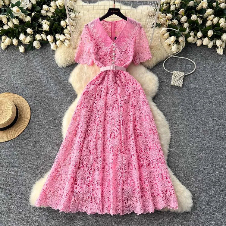 Luxury Pink Lace Midi dress with belt Women's 2025 Summer Elegant V-neck Rhinestone buttons Dresses Party clothing INKEO 4D094