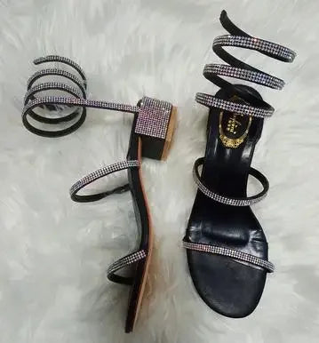 Summer Fashio 4CM Thick Heel Gladiator Sandals Women Flat Sandals Snake Punk Rhinestone Women Sandals Wedding Shoes