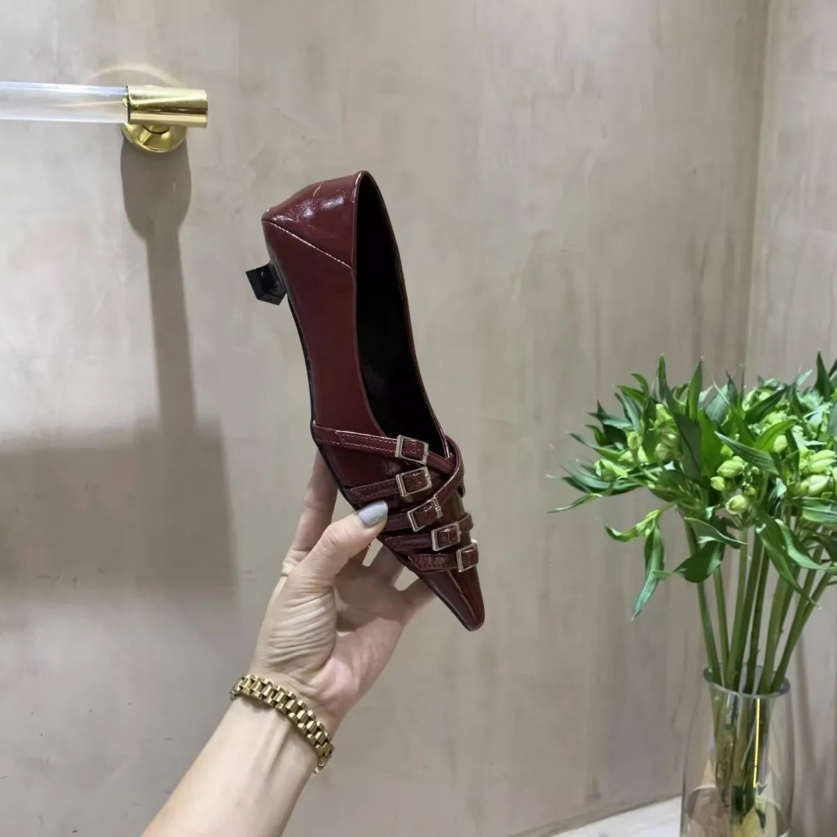 Thin Heeled Square Buckle High Heels for Women 2025 New French Style Shallow Mouth Low Heel Small Leather Shoes