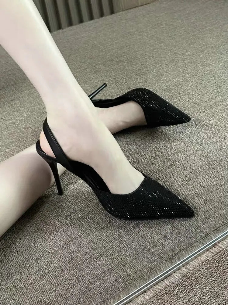 2025 Pointed-Toe Diamond High Heels For Women, Black Tight French Sexy Luxury Hollow Sandals