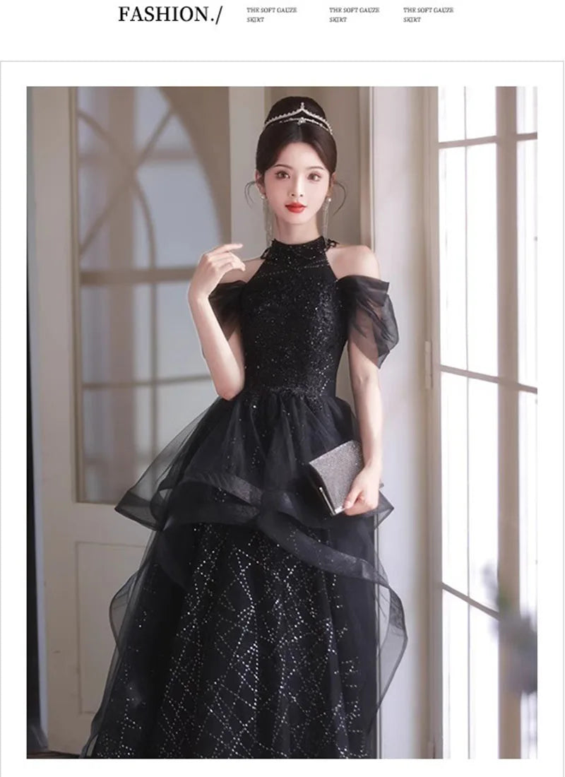 Evening Dresses Luxury 2026 Black Halter Evening Dress Corset Bodice Sequin Tulle Puffy Gown For Gala & Quinceanera