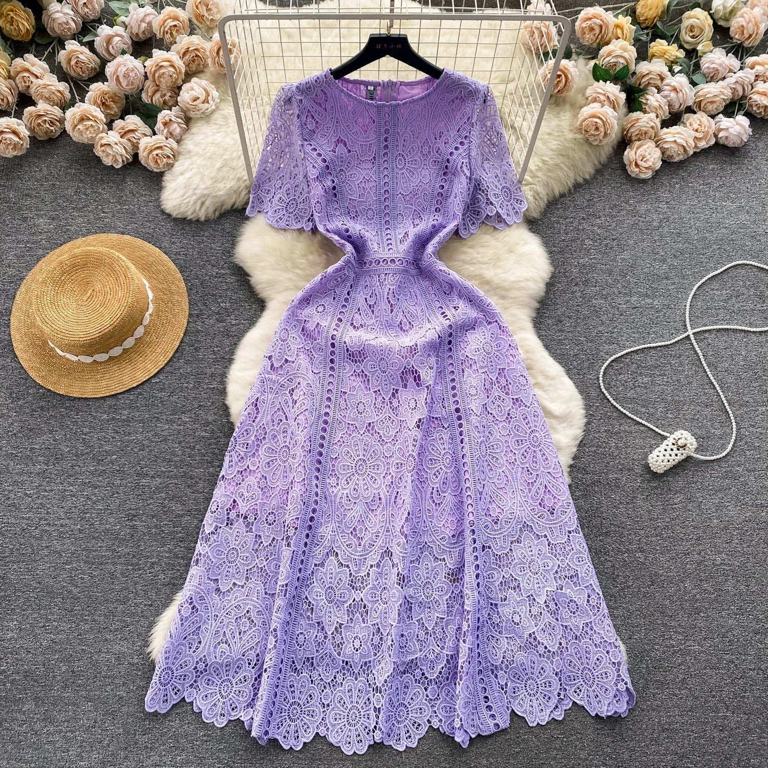 Embroidery Crochet Hollow Out Lace Dress For Women Summer Fashion Runway Short Sleeve Slim Waist Casual Party Midi Vestidos 6931