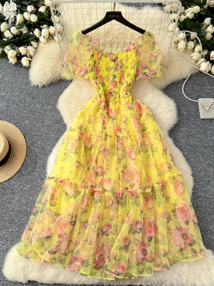 French Sweet Long Dresses Flower Print Slash Neck Puff Sleeve Pleated Patchwork Dress Summer Fashion Elegant Women Clothing 2025