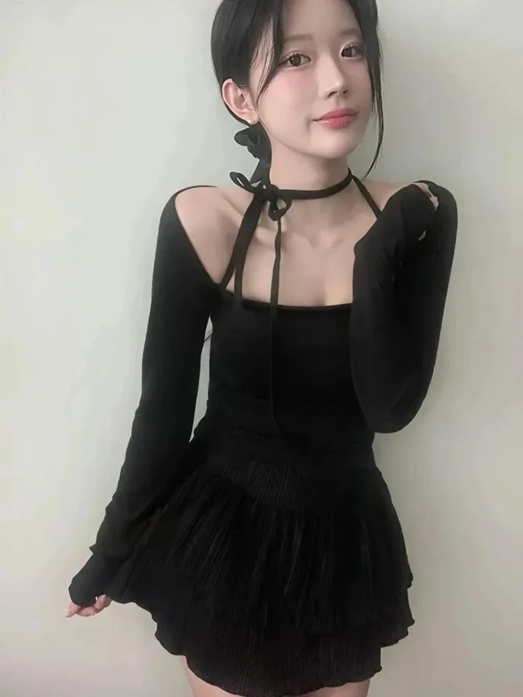 Hot sweet Slash Neck Lace Up Long Sleeve T-shirt Women Autumn New Solid Slim Fit Basic Crop Top Sexy Y2k Aesthetic Tees