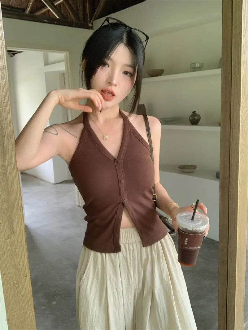 Sexy Spicy Girl Pure Color Design V-Ne Hanging Ne Vest Women's Summer Slim ort Matched with Chest Pad Top