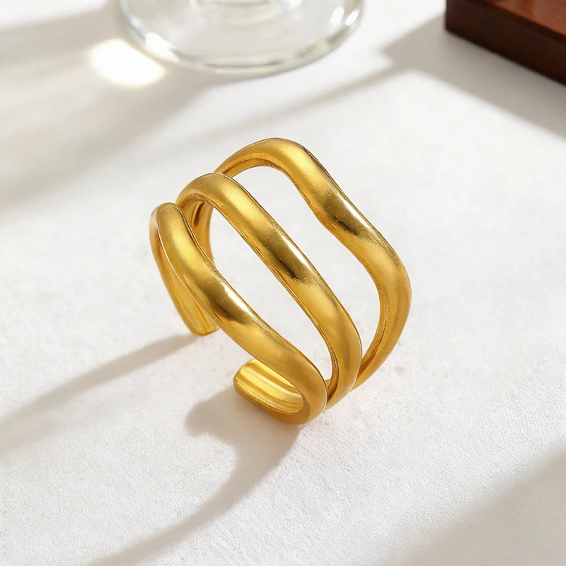 Stainless Steel Multi-Layer Wave Open Bracelet Rings Set for Women Simple Metal Twisted Lines Hand Chain Fashion Banquet Jewelry