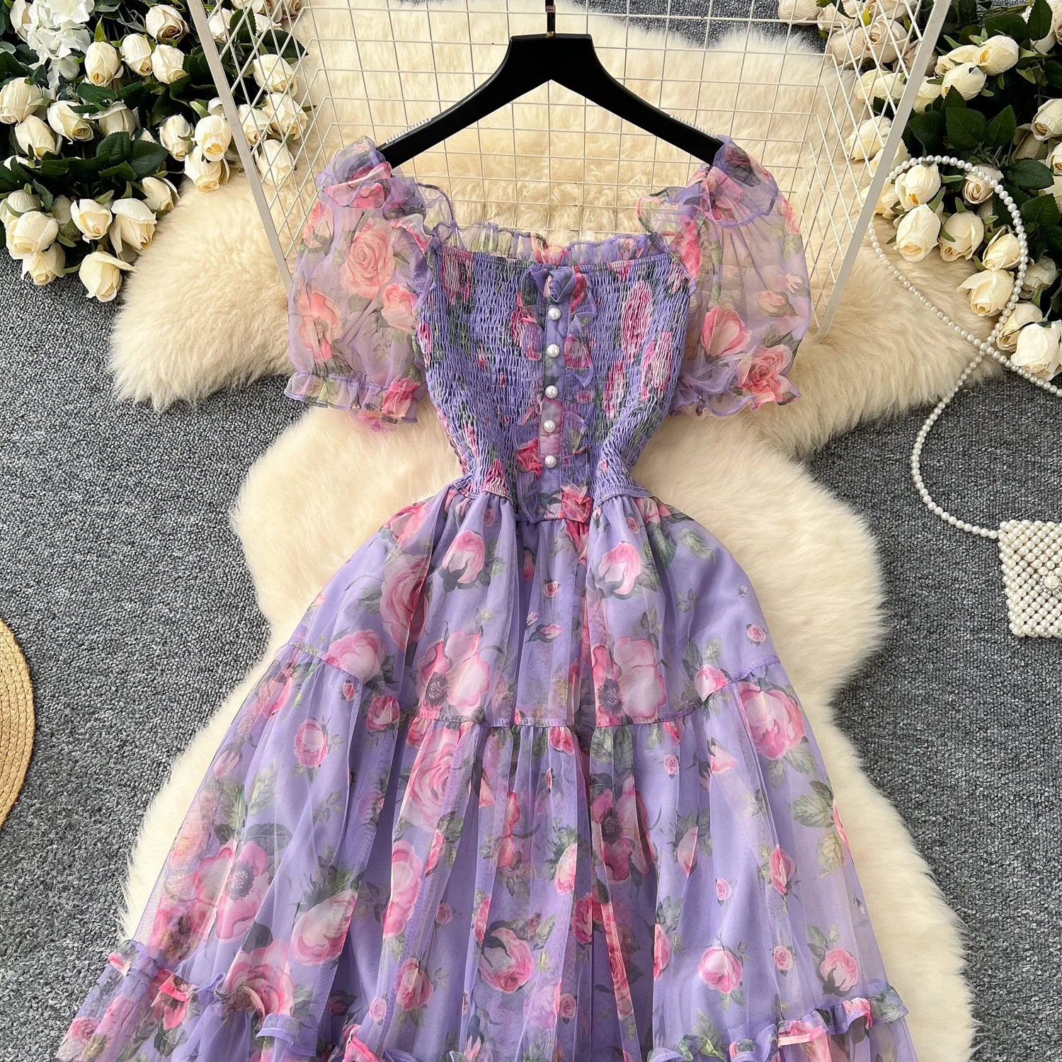 Retro Floral Chiffon Dr Women's Waist Cinched One oulder Bubble Sve Me Skirt Commute Korean Sle High Waist A-Line...