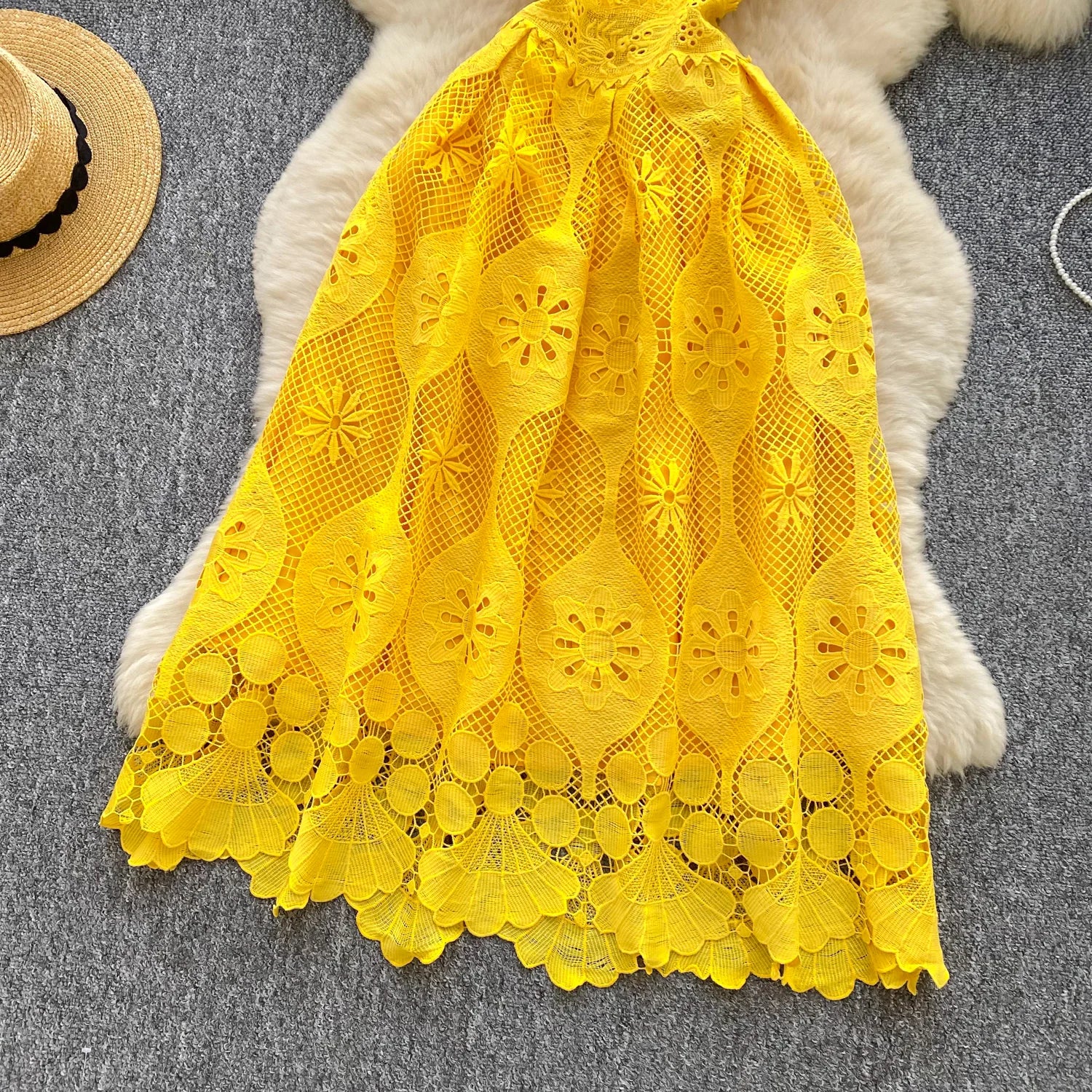 France Elegant Fashion Slim Evening Dress Women Hollow Out Lace Crochet Party Dress Female Casual Chic High End Clothing New