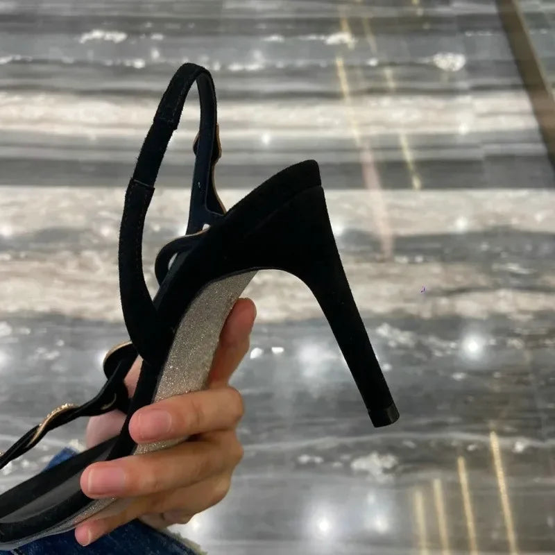 2025 Female New Serpentine Line With Fine Heel French Sandals Female Summer Drill Side Empty Sexy Open-Toed High Heels