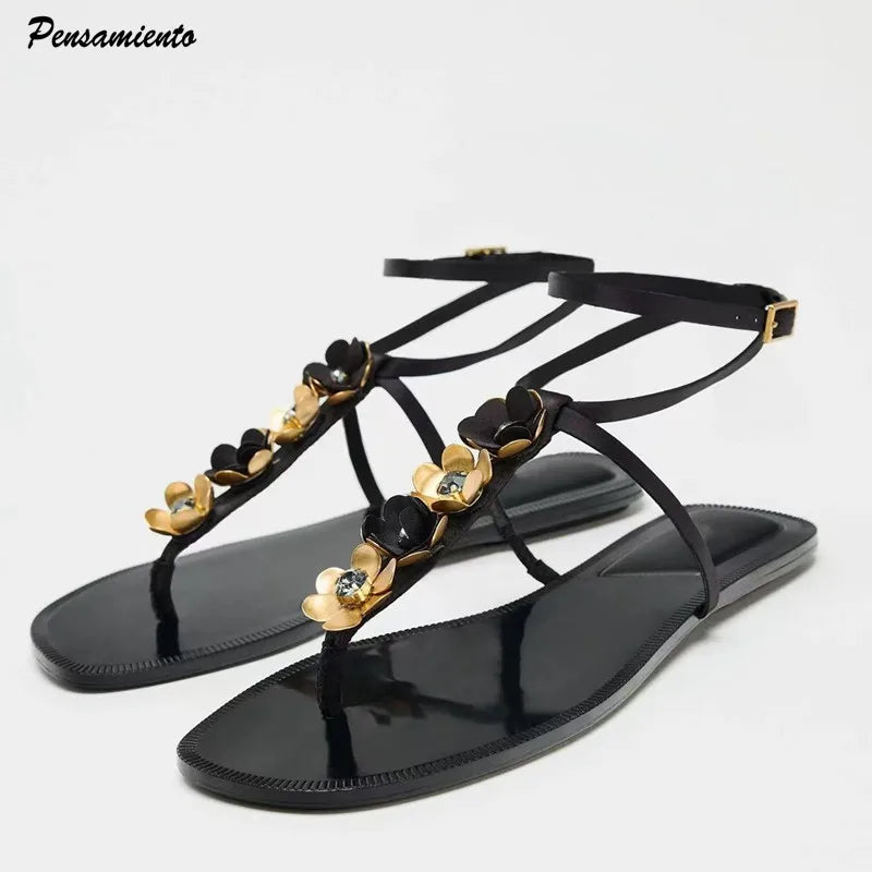 Luxury Crystal Flowers Decor Women Flats Sandals Sexy Ankle Strap Summer Beach Slides Fashion Streetwear Modern Sandals Shoes