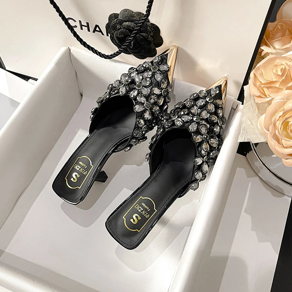 Summer Women High Heel Shoes Plus Size Fashion Rhinestone Women Slippers Point Toe Heel Half Slippers Designer Sexy Party Shoes