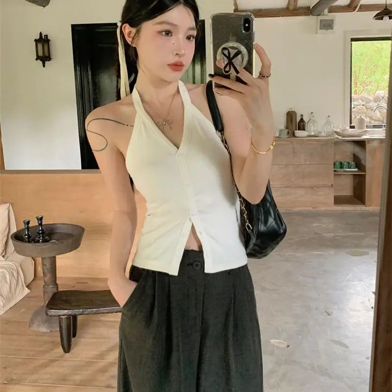 Sexy Spicy Girl Pure Color Design V-Ne Hanging Ne Vest Women's Summer Slim ort Matched with Chest Pad Top