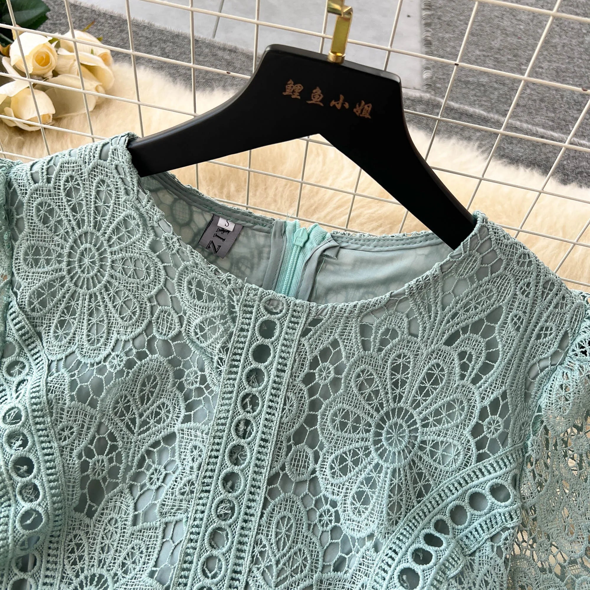 Embroidery Crochet Hollow Out Lace Dress For Women Summer Fashion Runway Short Sleeve Slim Waist Casual Party Midi Vestidos 6931