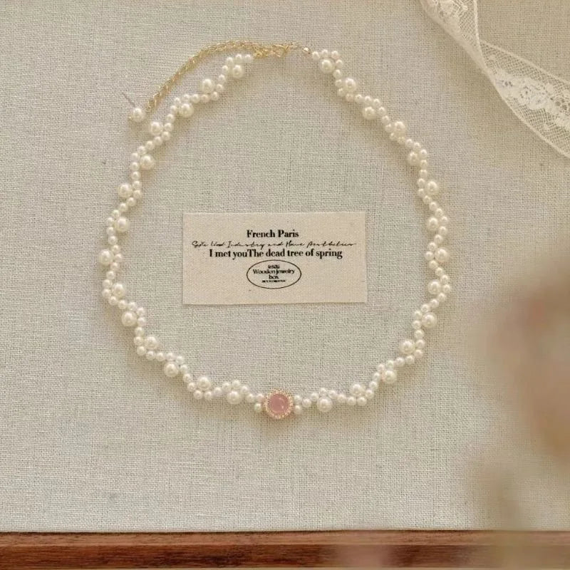 Charm Pearl Jewelry Sets for Women Fashion Temperament Pink Blossom Powder Zircon Pendant Necklace Ring Earrings Wedding Gifts