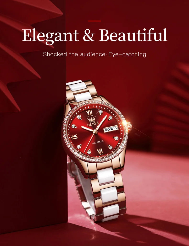 OLEVS Fashion Women Mechanical Watches Luxury Diamond Ceramic Strap Waterproof Luminous Week Calendar Automatic Watch For Women