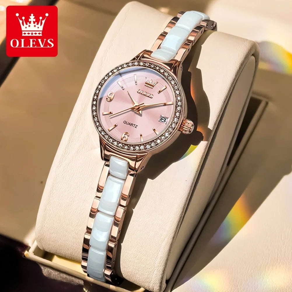 OLEVS Luxury Quartz Watch Women Elegant Ceramics Strap Waterproof Auto Date Luxury Lap Ladies Watches 7093