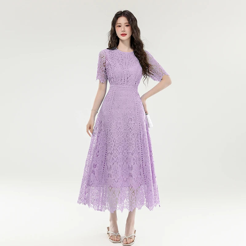 High Quality Lace Hollow Out Women Long Elegant Office Dress Summer French Chic Casual Vintage Purple Short Sleeve A-line Dress