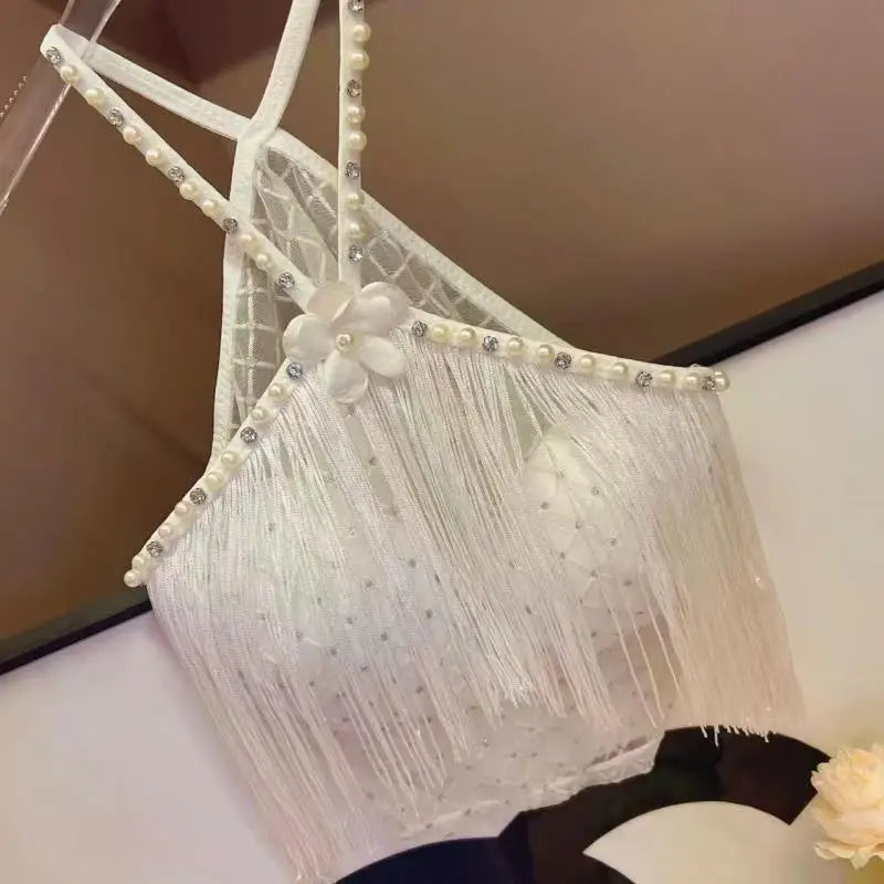 Decorative Halter Top with Padded Cups, Long Tassel, Pearl Sparkling Diamond, Retro Millennial Style, Sexy Halter